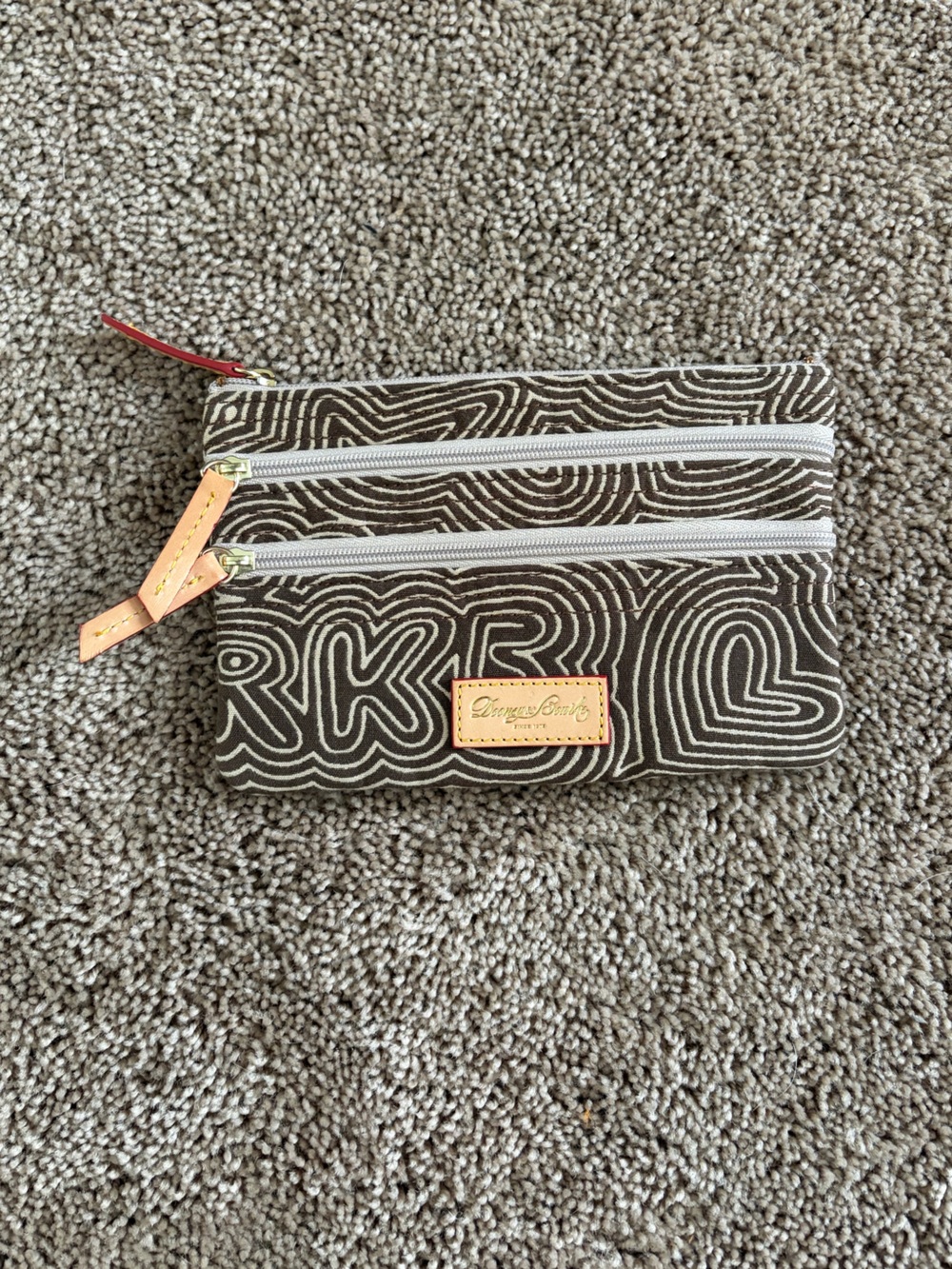 Dooney & Bourke Brown and Tan Patterned Canvas Double-Zip Pouch